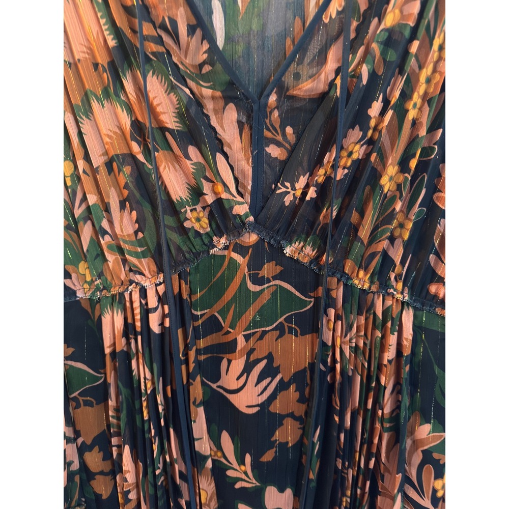Coach 1941 Flowy Floral Pleated Dress w Tie Front Sz 4 Black Gold Metallic Boho - Picture 3 of 12